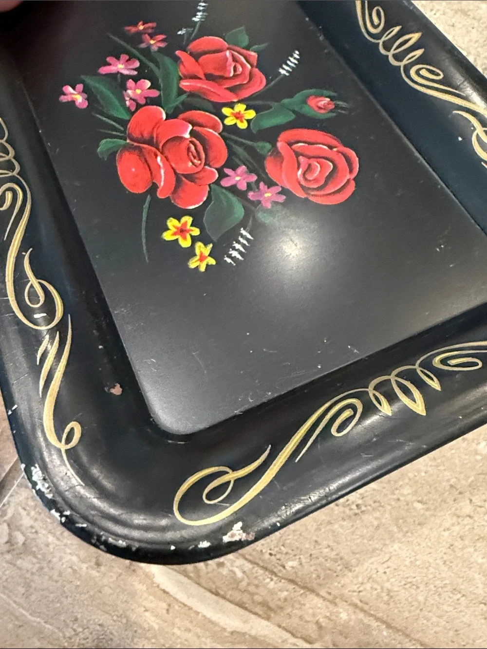 Small Vintage Black Floral Metal Serving Trays - Set of 4